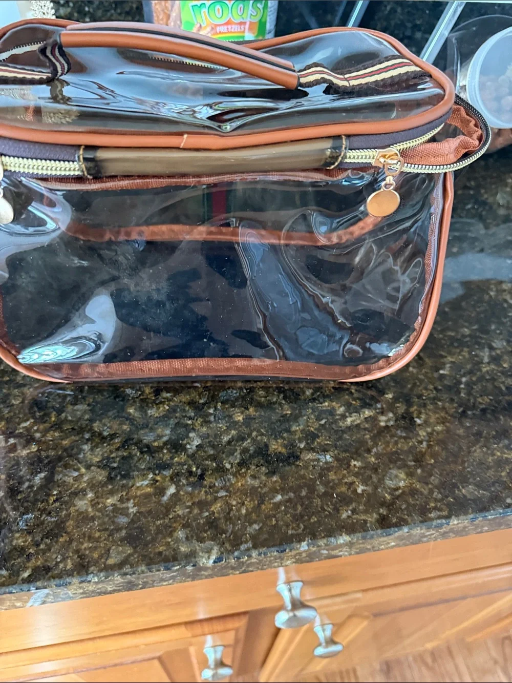 Clear PVC Cosmetic Case with Brown Trim and Green-Red Stripe